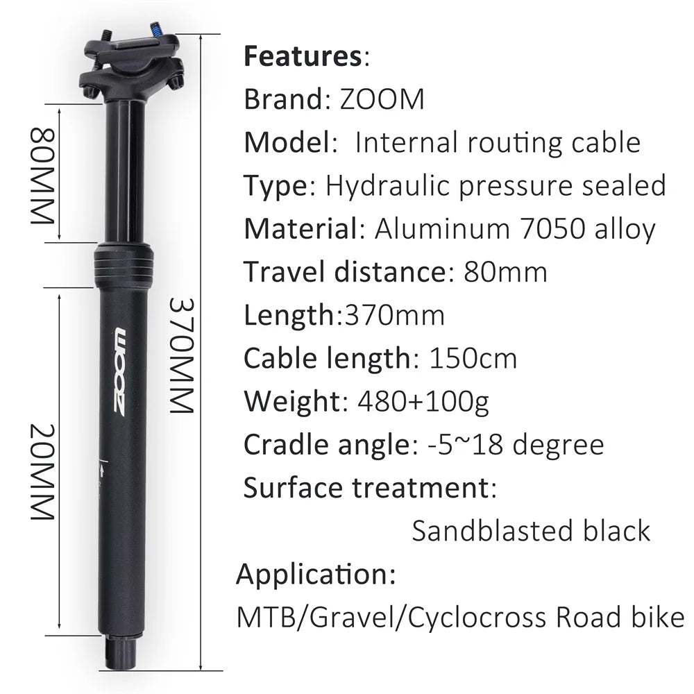 ZOOM Mtb /Gravel Dropper Seatpost Height Adjustable Internal Routing 80mm Travel Bike Dropper Seat Post 27.2MM