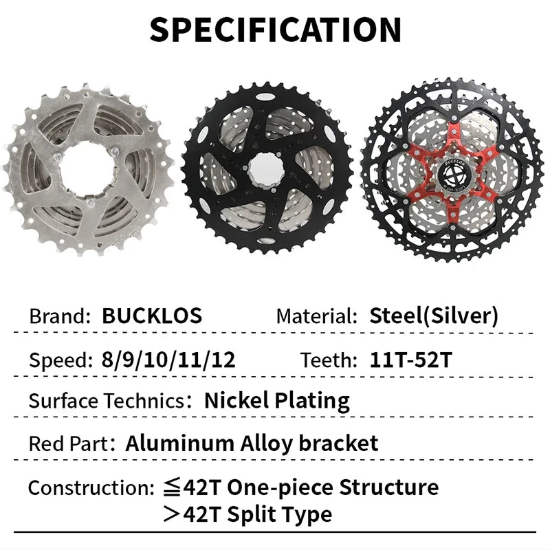 BUCKLOS Bicycle Cassette 10/11/12 Speed Road Mountain Bike Cassette 11-25T 11-32T 11-40T 11-50T 11-52T MTB Cassette for HG Hub