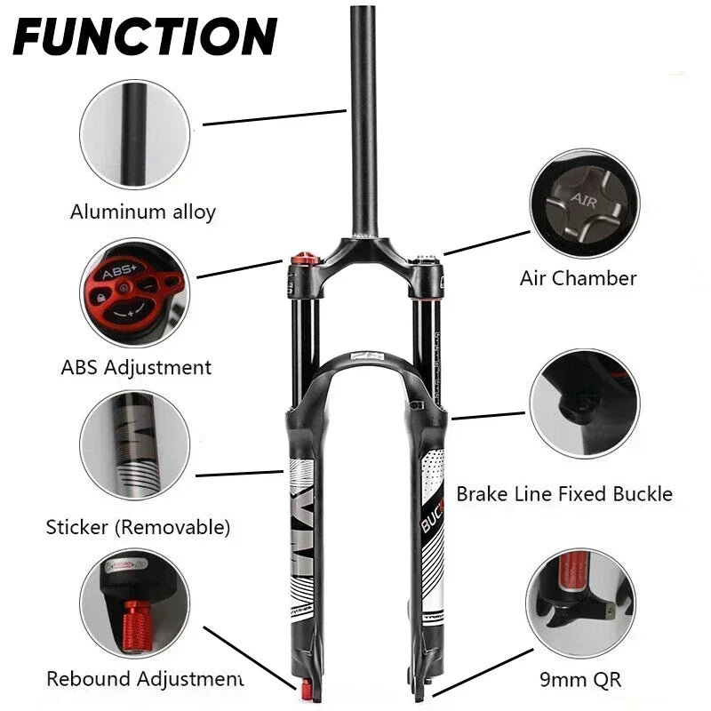 BUCKLOS Mountain Bike Air Fork 9*100mm Bicycle Air Suspension Fork Travel 120mm Straight/Tapered Tube MTB Fork Disc Brake RL/LO