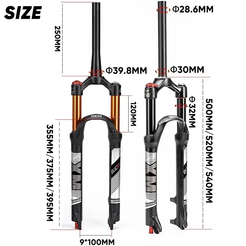 BUCKLOS Mountain Bike Air Fork 9*100mm Bicycle Air Suspension Fork Travel 120mm Straight/Tapered Tube MTB Fork Disc Brake RL/LO