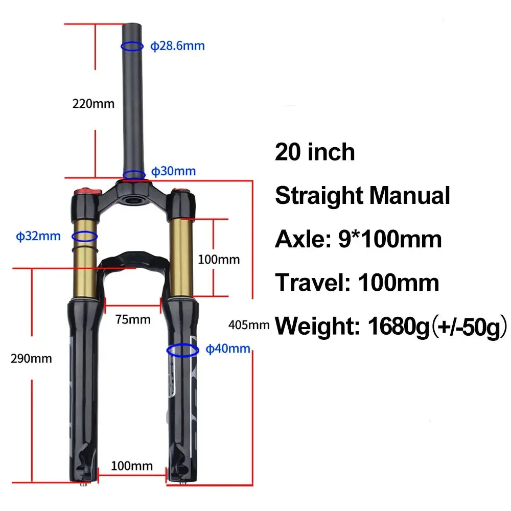 BOLANY 20/24" MTB Air Suspension Fork Alloy Mountain Bike Shock Absorbing Fork Manual & Remote Lockout for Student Youth Bikes