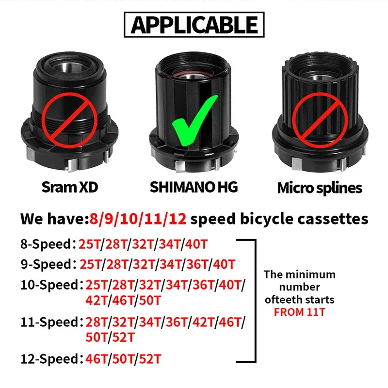 BUCKLOS Bicycle Cassette 10/11/12 Speed Road Mountain Bike Cassette 11-25T 11-32T 11-40T 11-50T 11-52T MTB Cassette for HG Hub