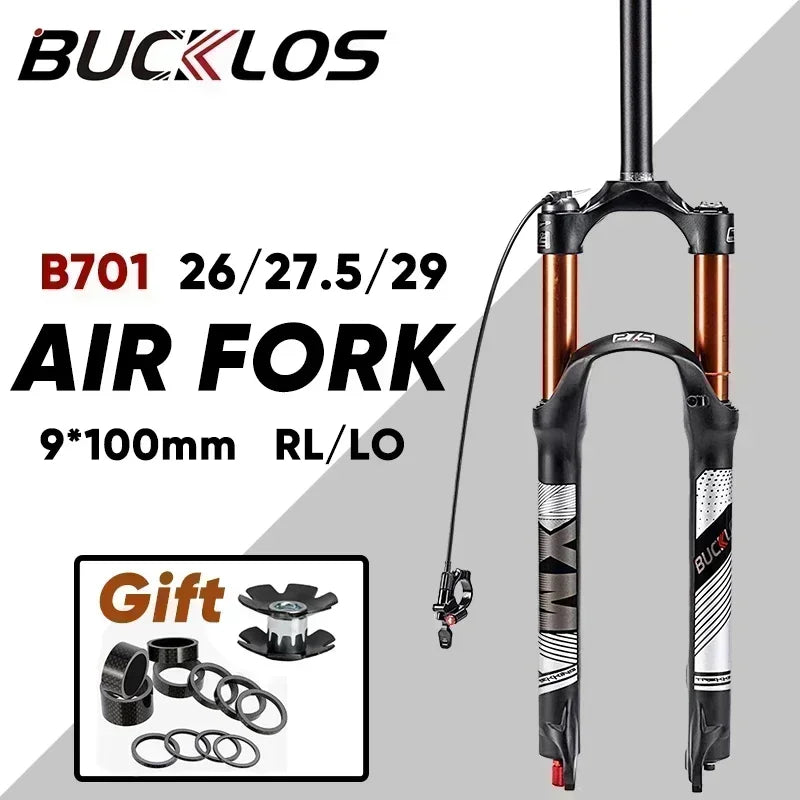 BUCKLOS Mountain Bike Air Fork 9*100mm Bicycle Air Suspension Fork Travel 120mm Straight/Tapered Tube MTB Fork Disc Brake RL/LO