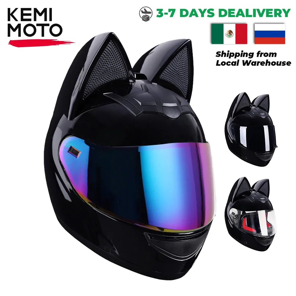 Cat Ear Motorcycle Helmet For Women Full Face Motocross Motorbike Men's Moto Helmet Breathable DOT Certification Girlfriend Gift