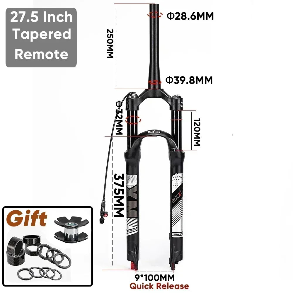 BUCKLOS Mountain Bike Air Fork 9*100mm Bicycle Air Suspension Fork Travel 120mm Straight/Tapered Tube MTB Fork Disc Brake RL/LO