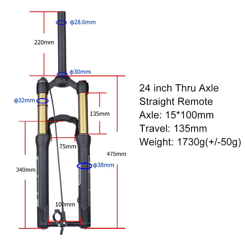 BOLANY 20/24" MTB Air Suspension Fork Alloy Mountain Bike Shock Absorbing Fork Manual & Remote Lockout for Student Youth Bikes