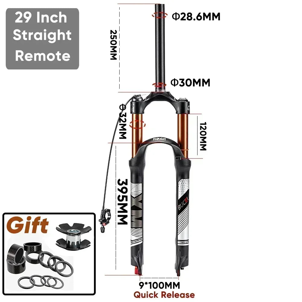 BUCKLOS Mountain Bike Air Fork 9*100mm Bicycle Air Suspension Fork Travel 120mm Straight/Tapered Tube MTB Fork Disc Brake RL/LO