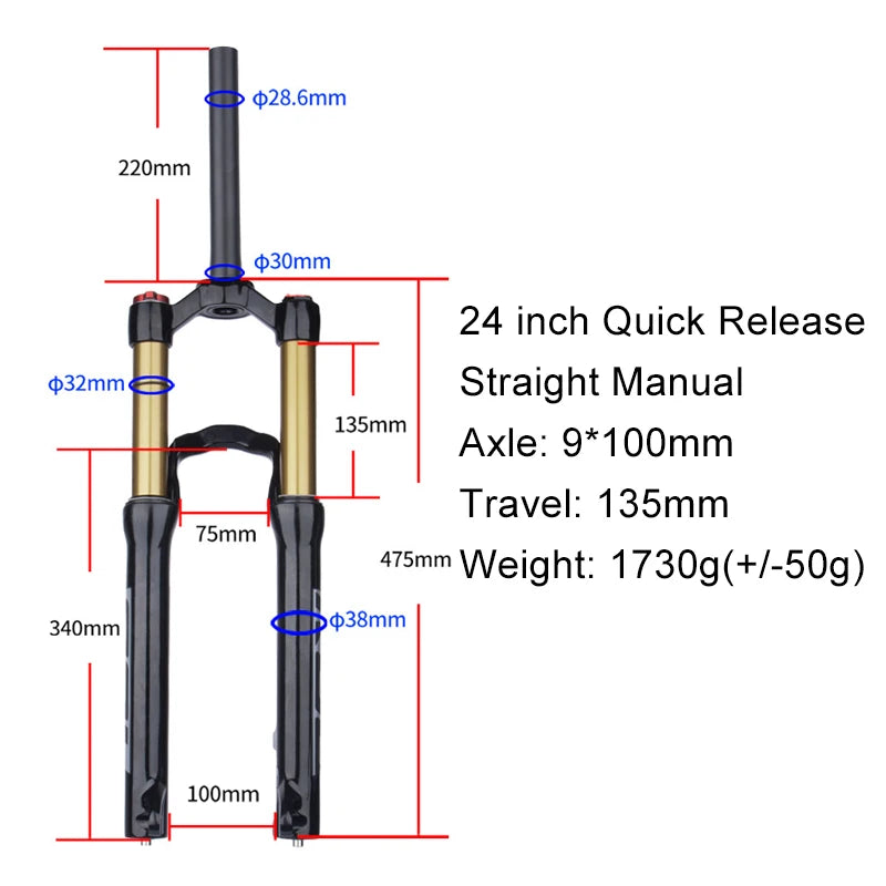 BOLANY 20/24" MTB Air Suspension Fork Alloy Mountain Bike Shock Absorbing Fork Manual & Remote Lockout for Student Youth Bikes