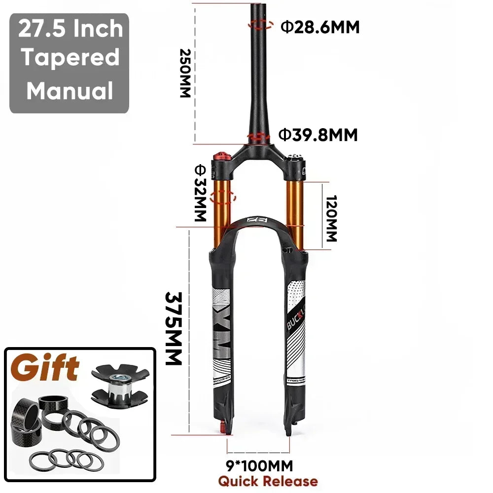 BUCKLOS Mountain Bike Air Fork 9*100mm Bicycle Air Suspension Fork Travel 120mm Straight/Tapered Tube MTB Fork Disc Brake RL/LO