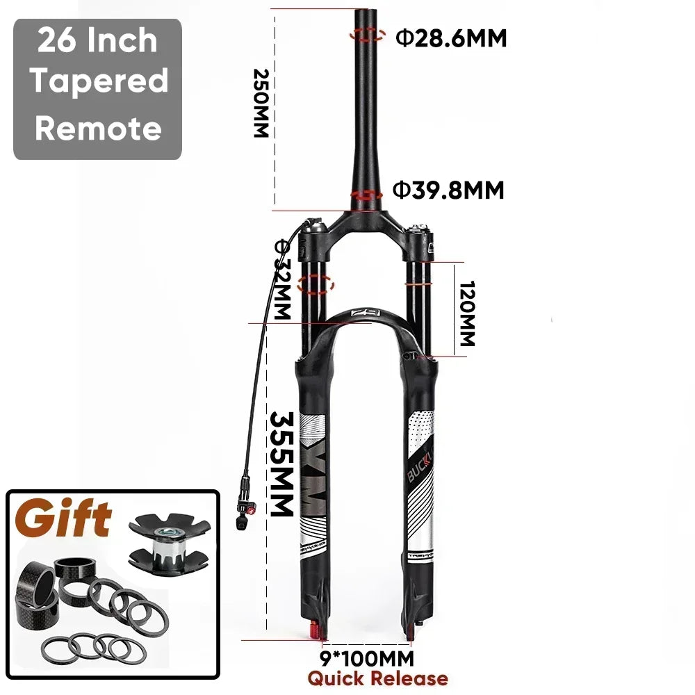 BUCKLOS Mountain Bike Air Fork 9*100mm Bicycle Air Suspension Fork Travel 120mm Straight/Tapered Tube MTB Fork Disc Brake RL/LO