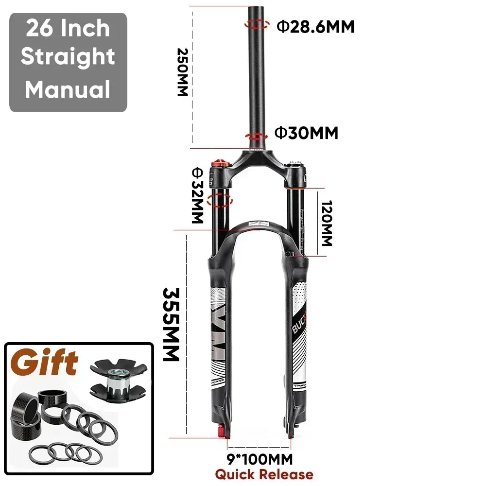 BUCKLOS Mountain Bike Air Fork 9*100mm Bicycle Air Suspension Fork Travel 120mm Straight/Tapered Tube MTB Fork Disc Brake RL/LO